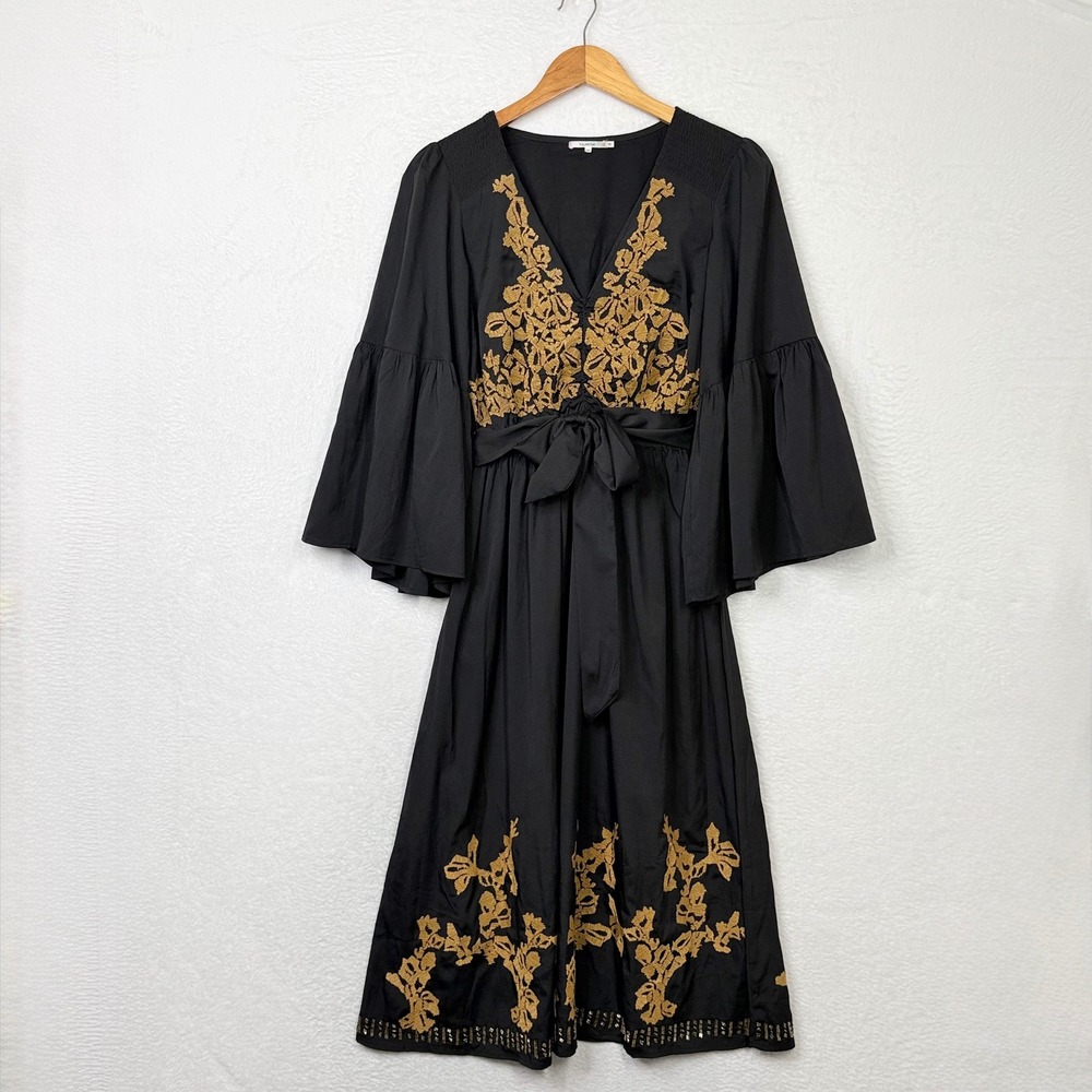Tularosa Black Gold Embroidered Bell Sleeve Midi Dress XS Boho Beaded Hem